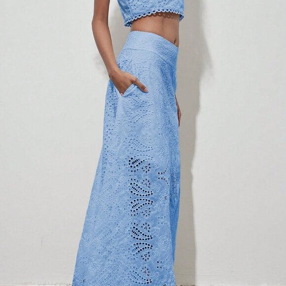 Blue Elegant Women's Floral Hollow Out Full Embroidery A-Line Maxi Skirt - Picture 10 of 11